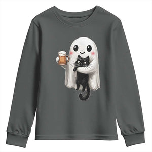 Funny Halloween Youth Sweatshirt Cute Ghost Holding Black Cat Drinking Beer