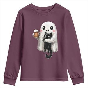 Funny Halloween Youth Sweatshirt Cute Ghost Holding Black Cat Drinking Beer