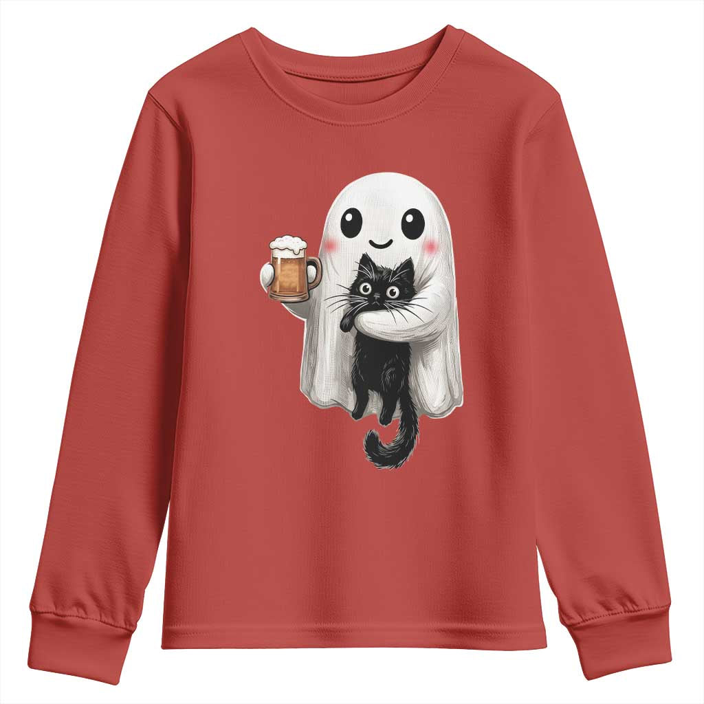 Funny Halloween Youth Sweatshirt Cute Ghost Holding Black Cat Drinking Beer