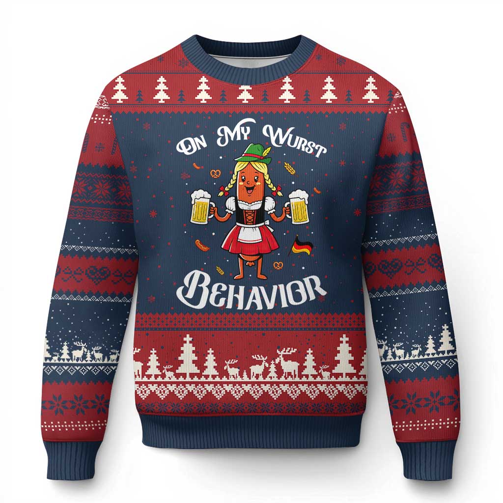 Funny Oktoberfest Sausage Dirndl German Beer Ugly Christmas Sweater On My Wurst Behavior TS12 Navy Red Print Your Wear