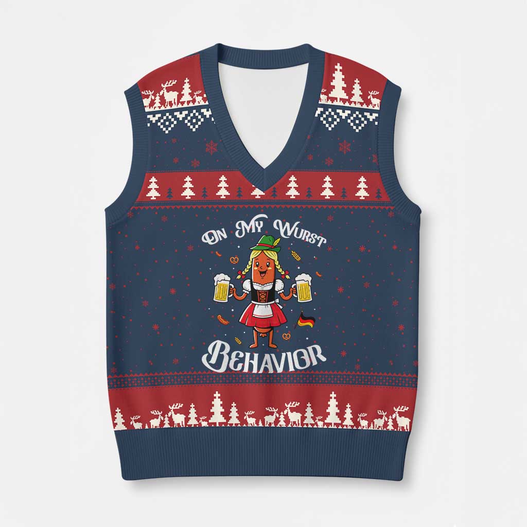 Funny Oktoberfest Sausage Dirndl German Beer V-Neck Knit Sweater Vest On My Wurst Behavior TS12 Navy Red Print Your Wear