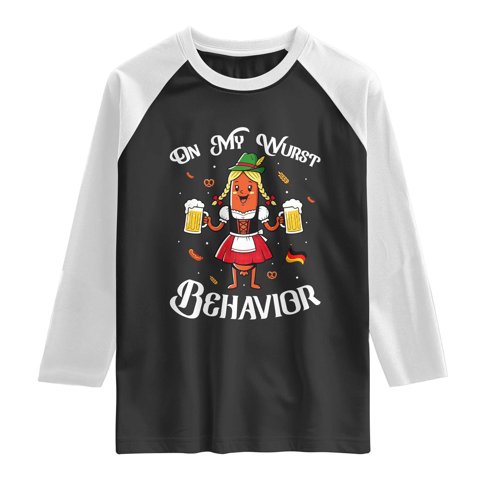 Funny Oktoberfest Sausage Dirndl German Beer Raglan Shirt On My Wurst Behavior TS12 Black White Print Your Wear