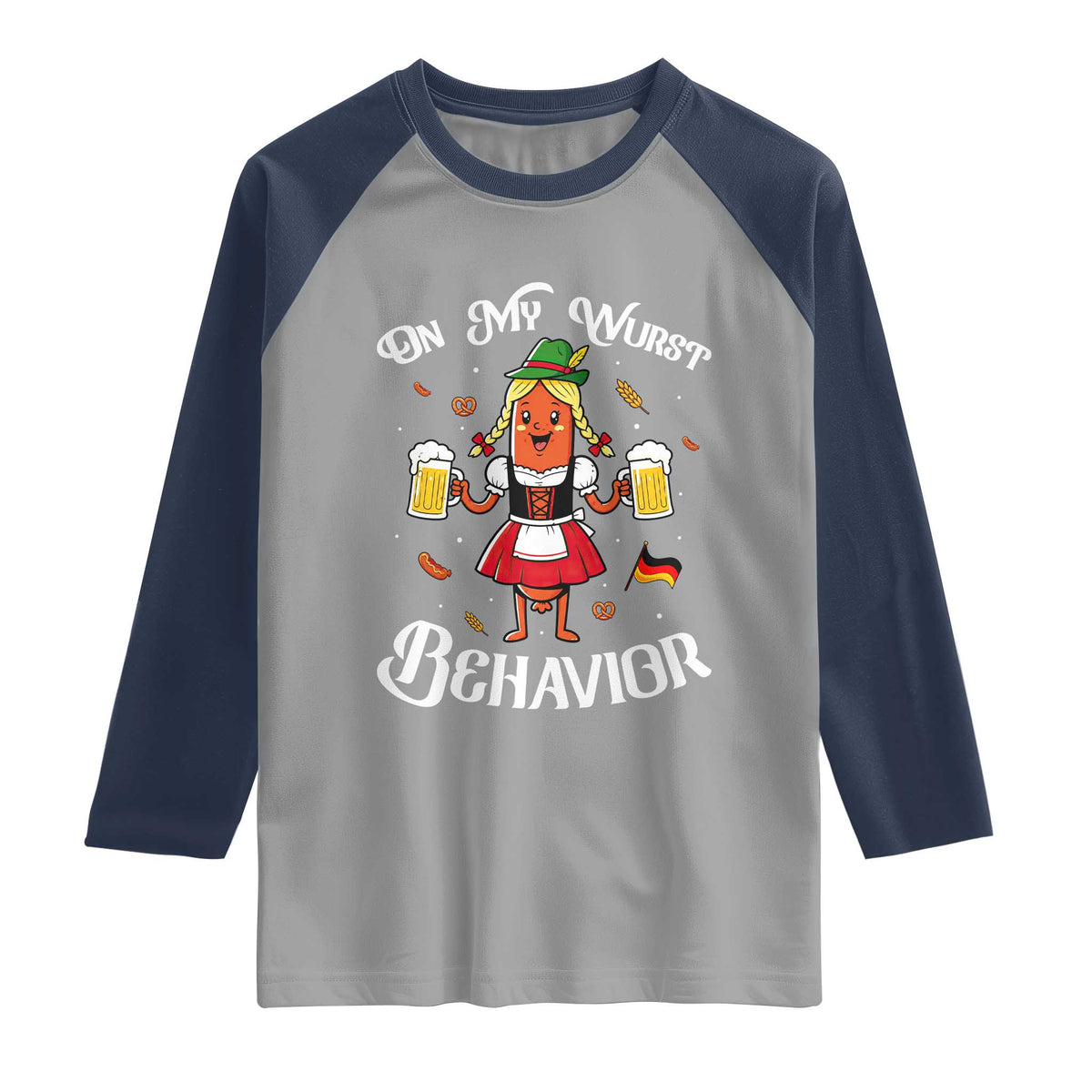 Funny Oktoberfest Sausage Dirndl German Beer Raglan Shirt On My Wurst Behavior