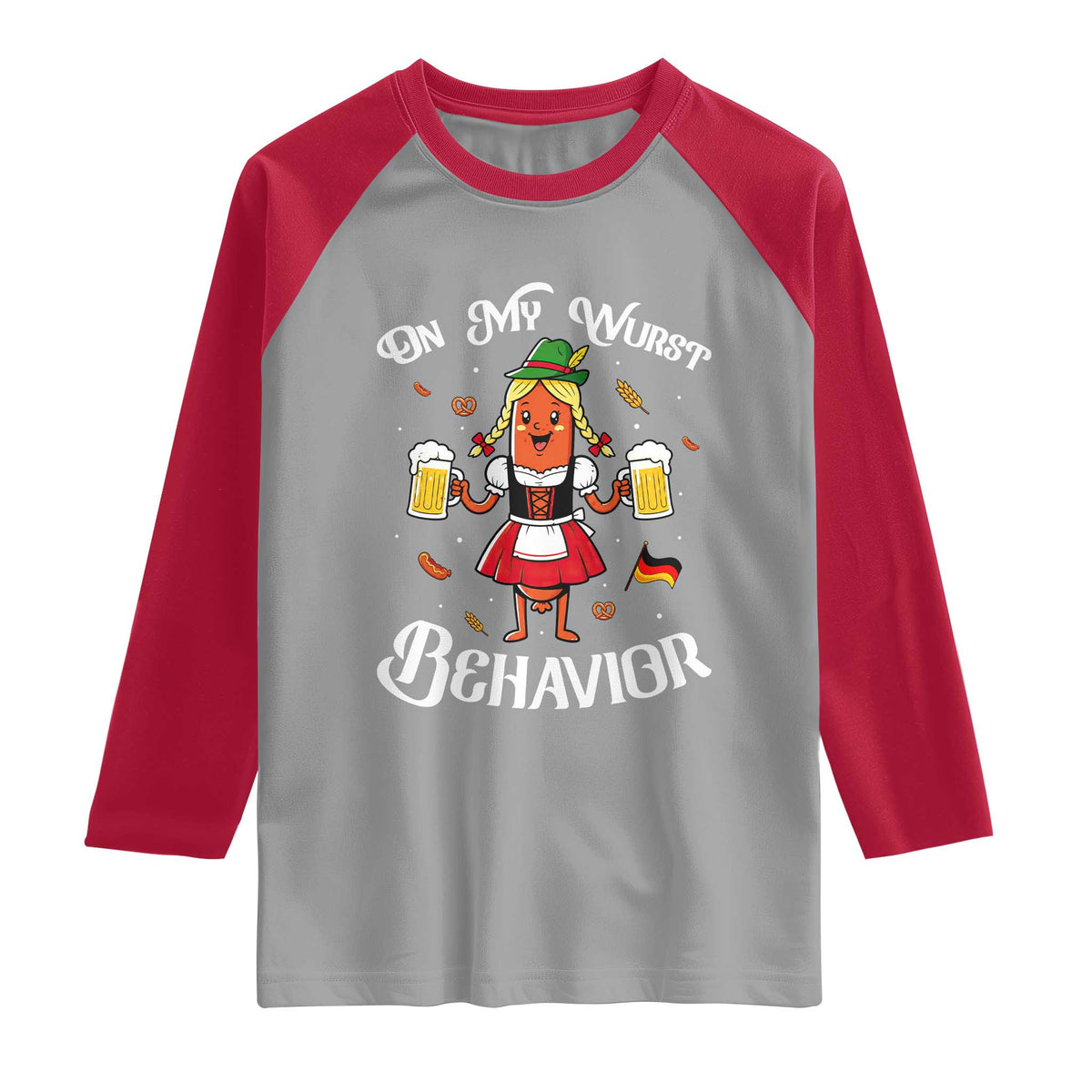Funny Oktoberfest Sausage Dirndl German Beer Raglan Shirt On My Wurst Behavior