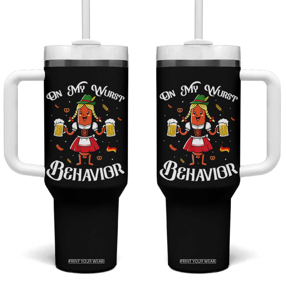 Funny Oktoberfest Sausage Dirndl German Beer Tumbler With Handle On My Wurst Behavior TS12 One Size: 40 oz Black Print Your Wear
