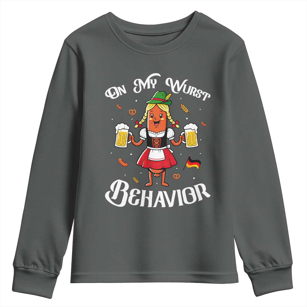 Funny Oktoberfest Sausage Dirndl German Beer Youth Sweatshirt On My Wurst Behavior
