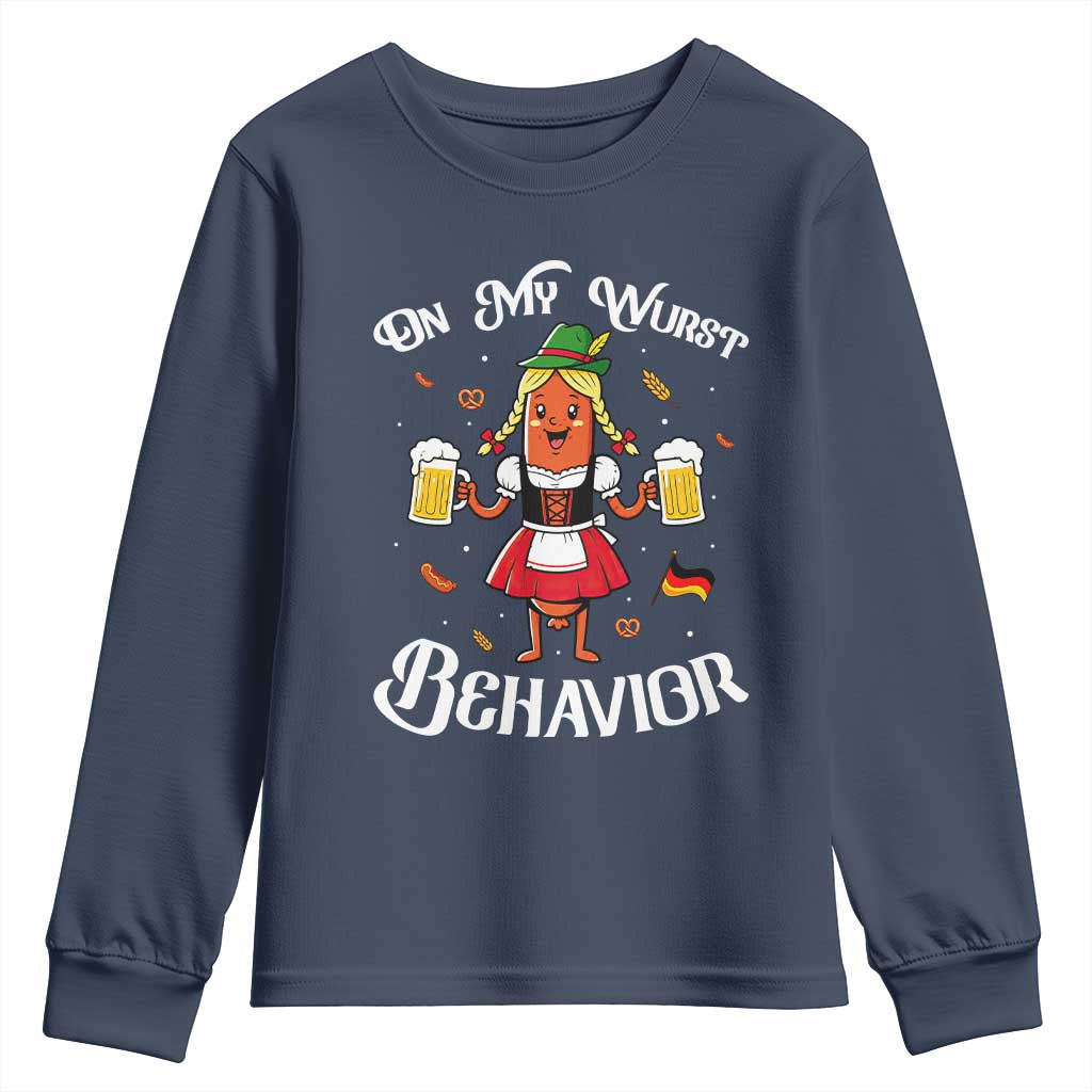 Funny Oktoberfest Sausage Dirndl German Beer Youth Sweatshirt On My Wurst Behavior