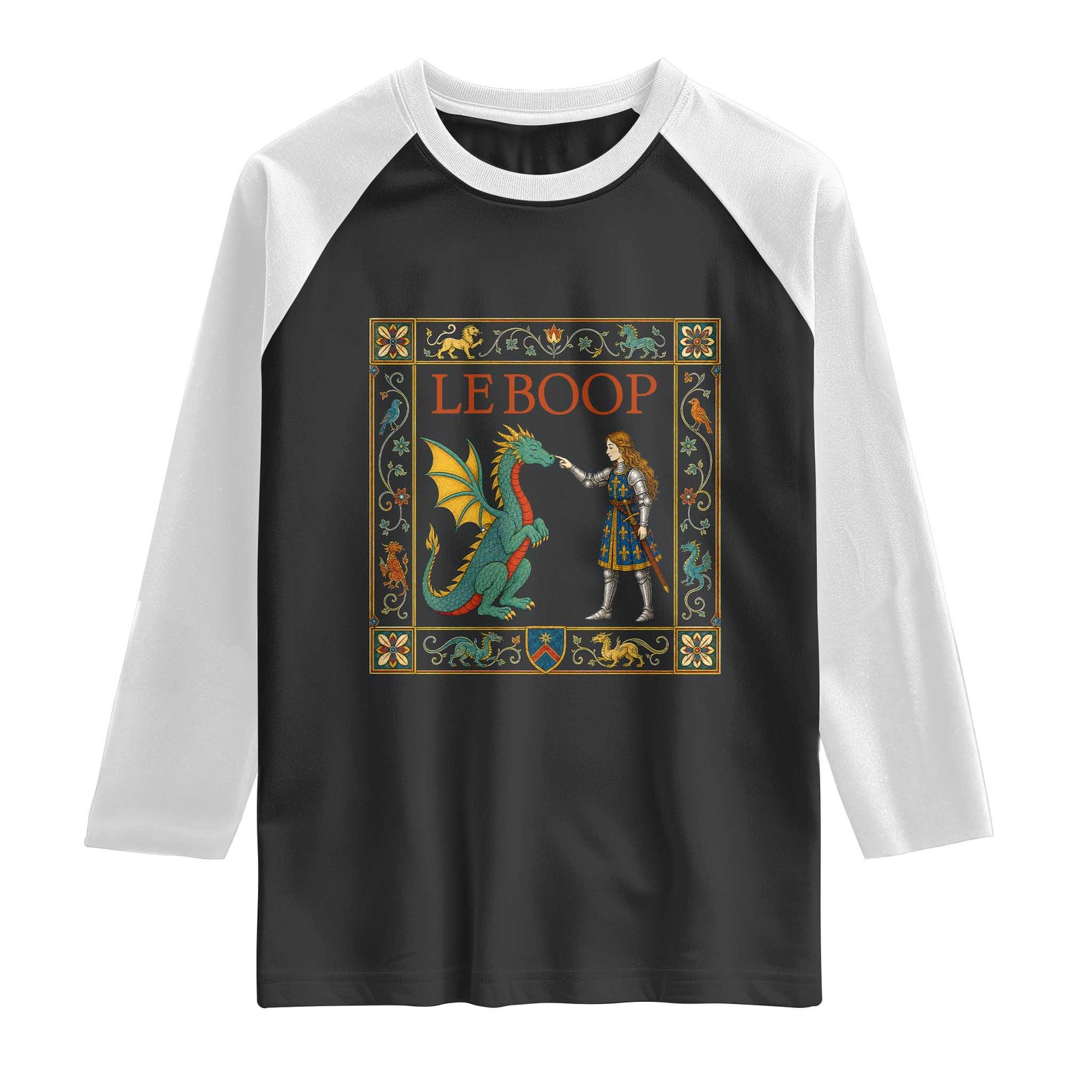 Le Boop Medieval Knight Dragon Raglan Shirt Renaissance Fantasy Fair Lover Gift TS12 Black White Print Your Wear