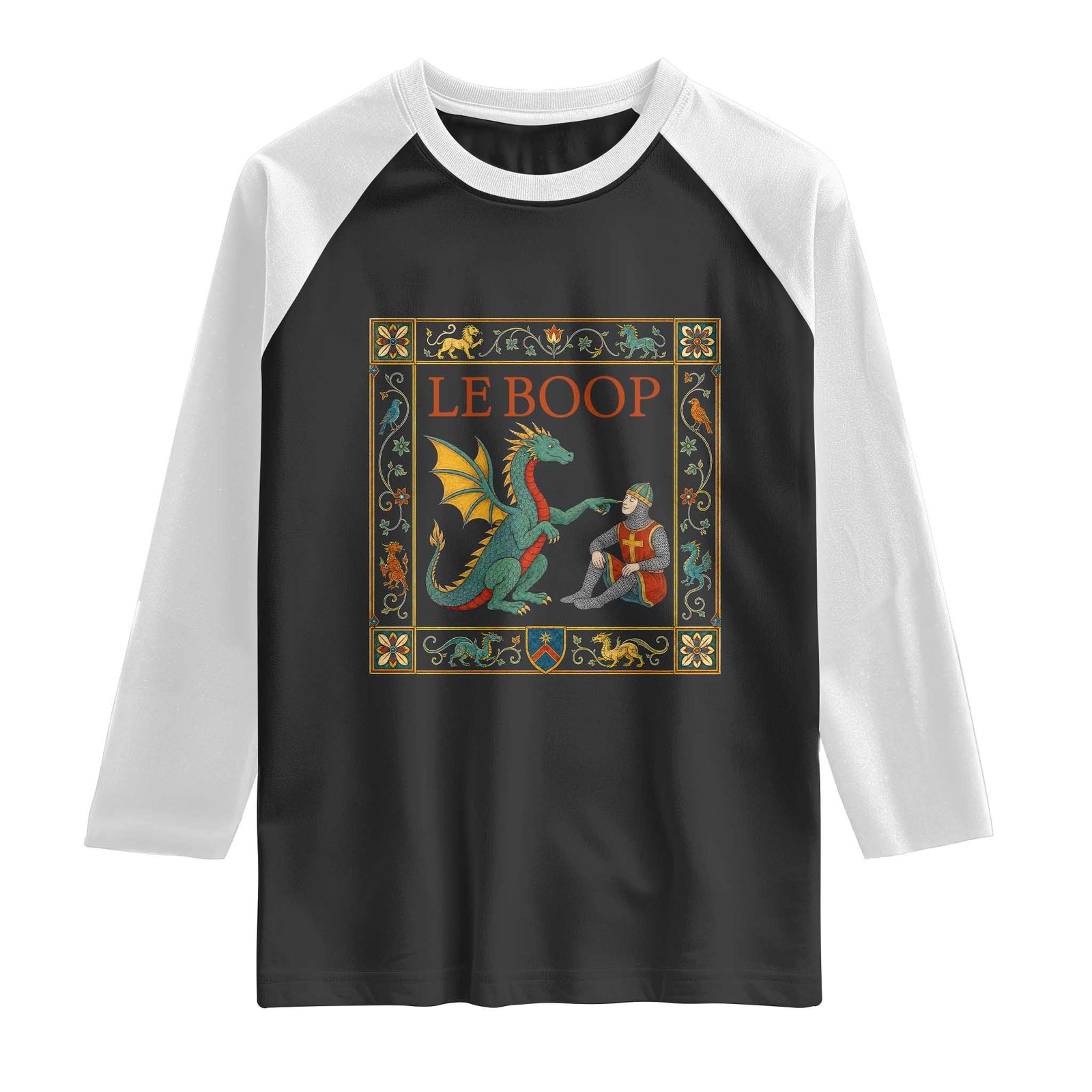 Le Boop Knight Dragon Renaissance Fair Medieval Humor Raglan Shirt TS12 Black White Print Your Wear