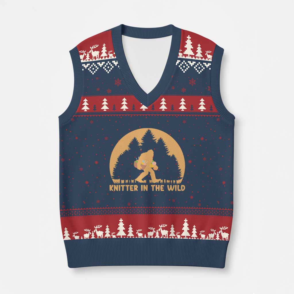 Knitting Bigfoot In The Wild Funny Gift V-Neck Knit Sweater Vest TS12 Navy Red Print Your Wear