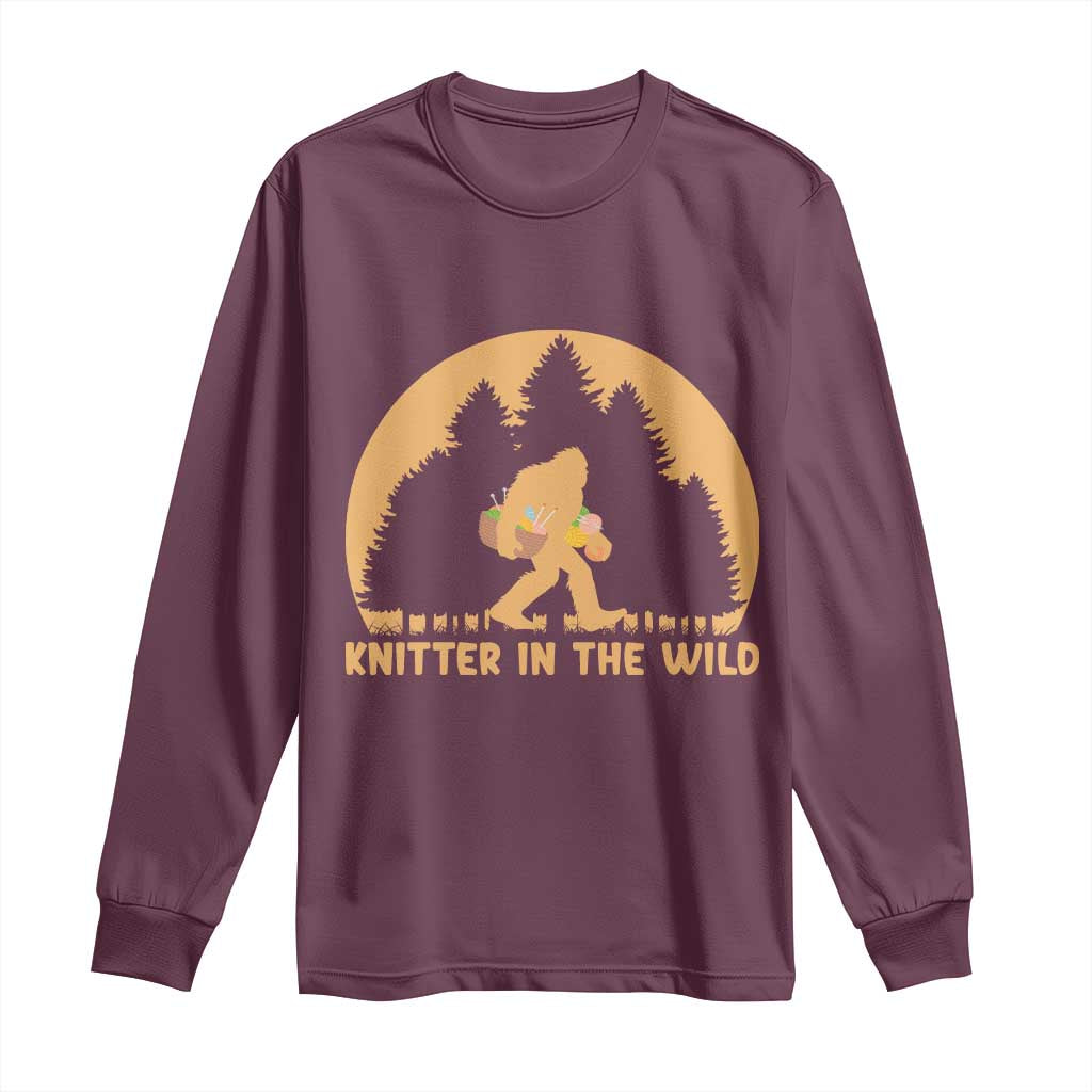 Knitting Bigfoot In The Wild Funny Gift Long Sleeve Shirt TS12 Maroon Print Your Wear