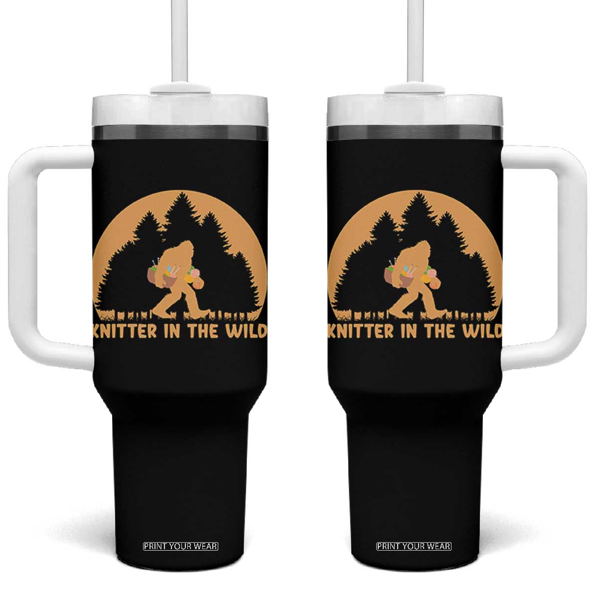 Knitting Bigfoot In The Wild Funny Gift Tumbler With Handle TS12 One Size: 40 oz Black Print Your Wear