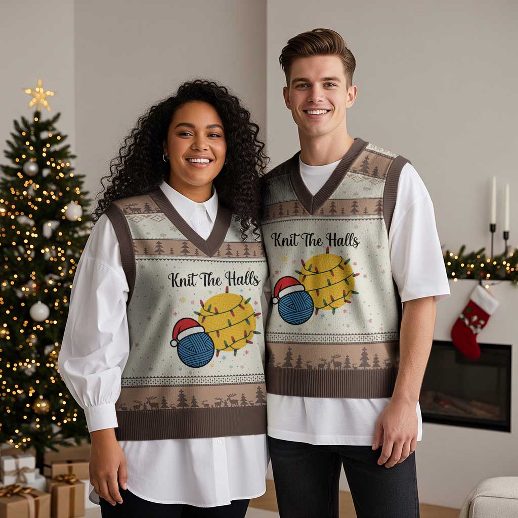 Knit The Halls V-Neck Knit Sweater Vest Funny Knitters Xmas Gift TS12 Mocha Mousse Print Your Wear