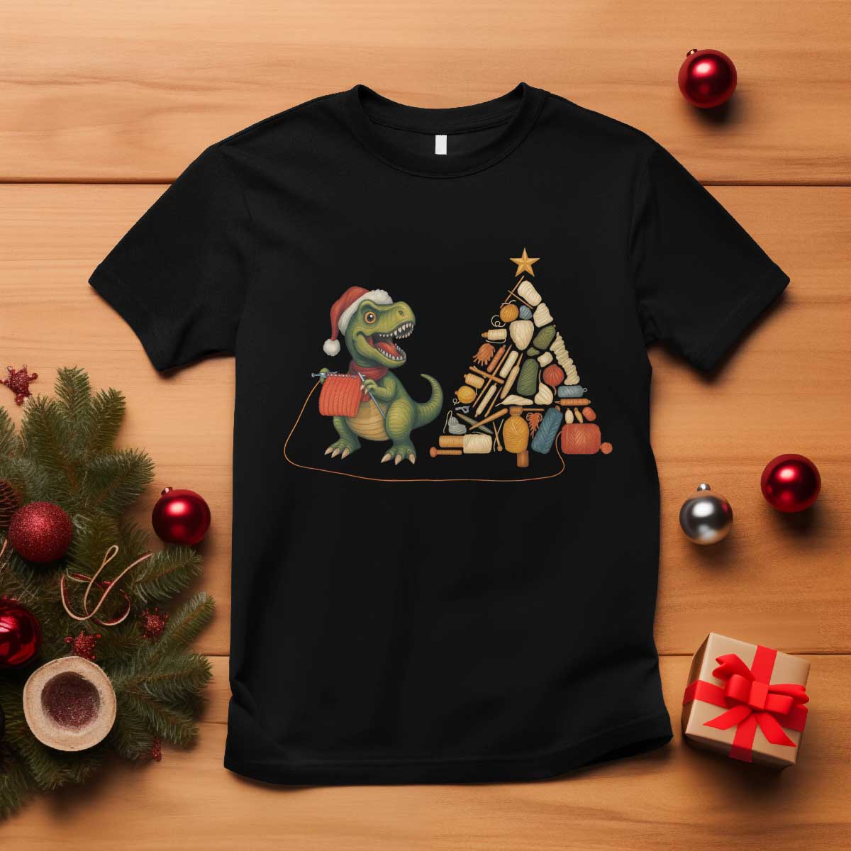 Christmas Dinosaur Knitting T Shirt Funny Yarn Tree Gift - Print Your Wear