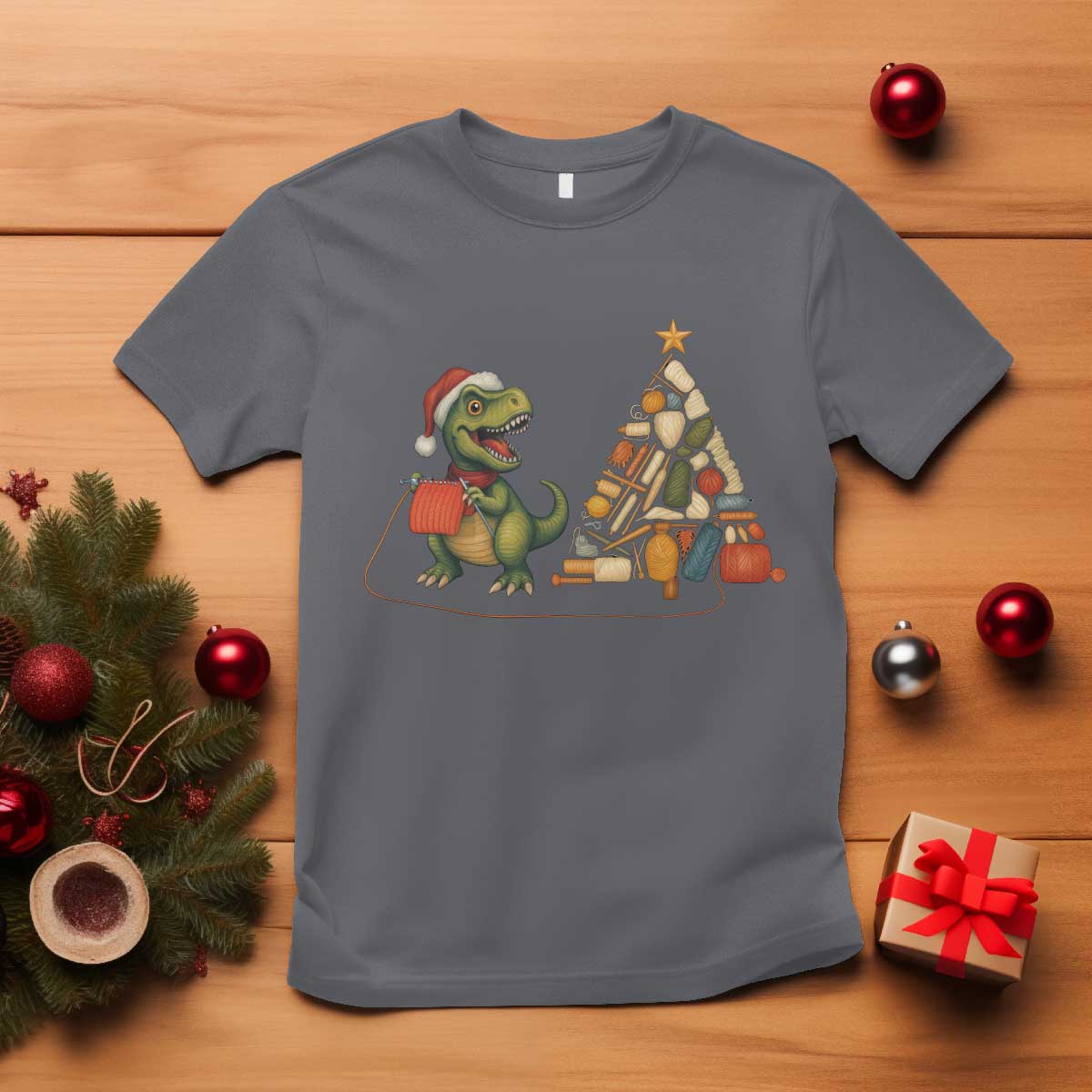 Christmas Dinosaur Knitting T Shirt Funny Yarn Tree Gift TS12 Charcoal Print Your Wear