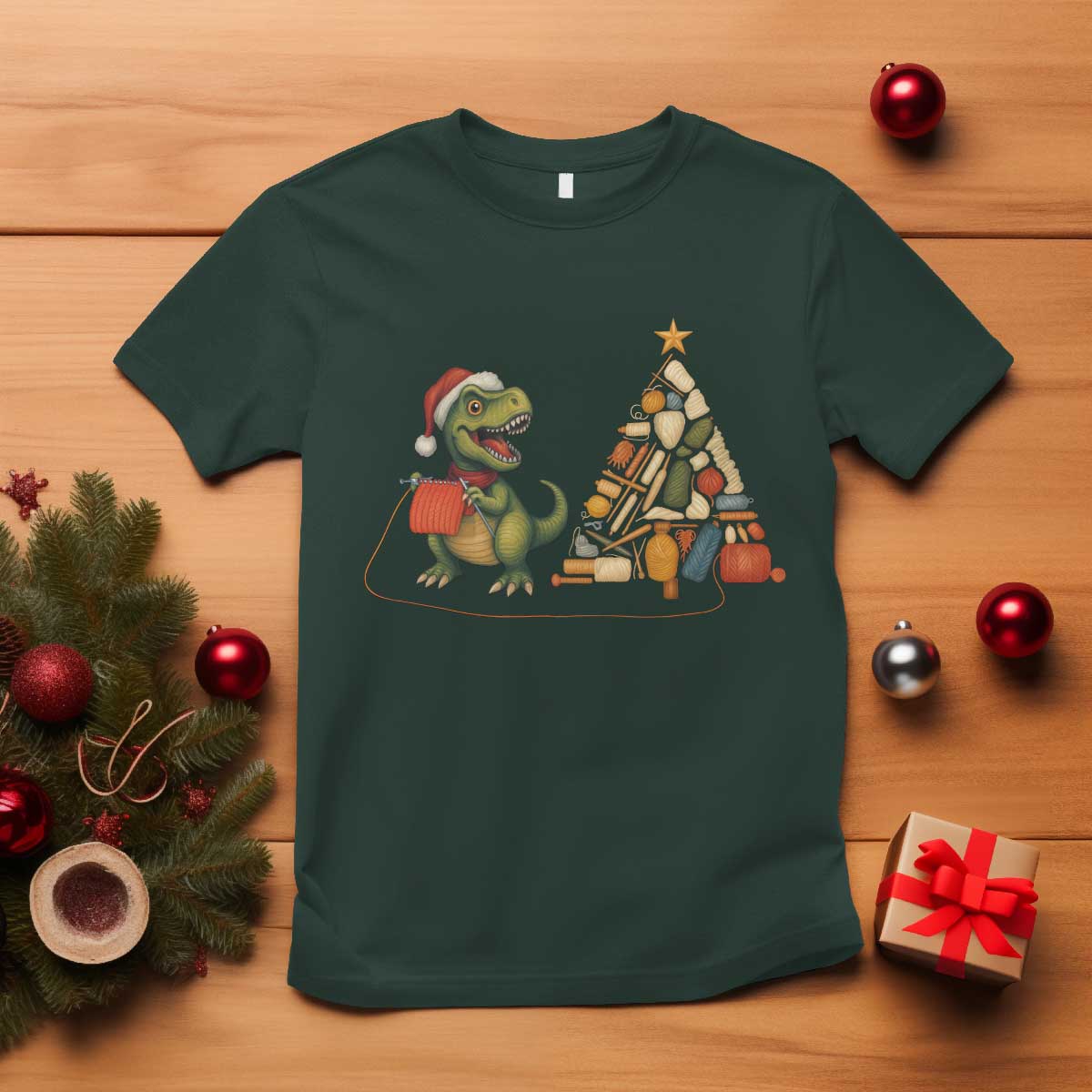 Christmas Dinosaur Knitting T Shirt Funny Yarn Tree Gift TS12 Dark Forest Green Print Your Wear