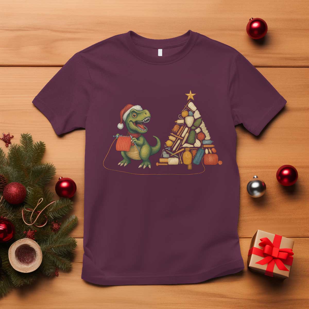 Christmas Dinosaur Knitting T Shirt Funny Yarn Tree Gift TS12 Maroon Print Your Wear