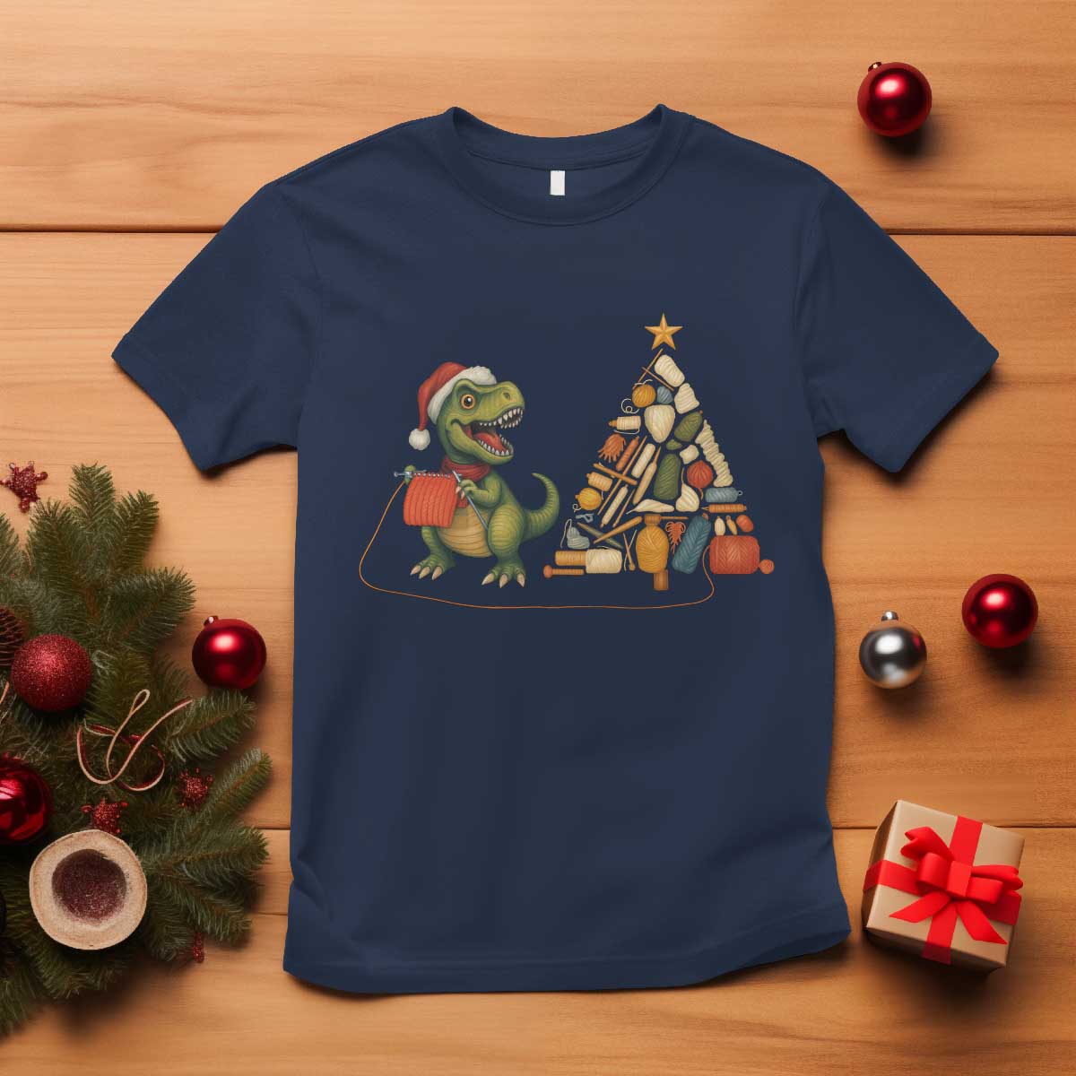 Christmas Dinosaur Knitting T Shirt Funny Yarn Tree Gift TS12 Navy Print Your Wear
