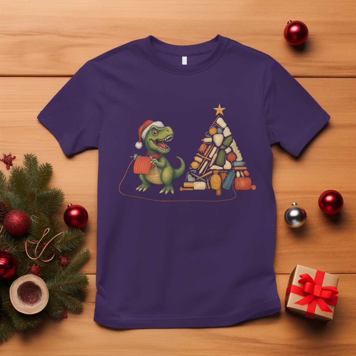 Christmas Dinosaur Knitting T Shirt Funny Yarn Tree Gift TS12 Purple Print Your Wear