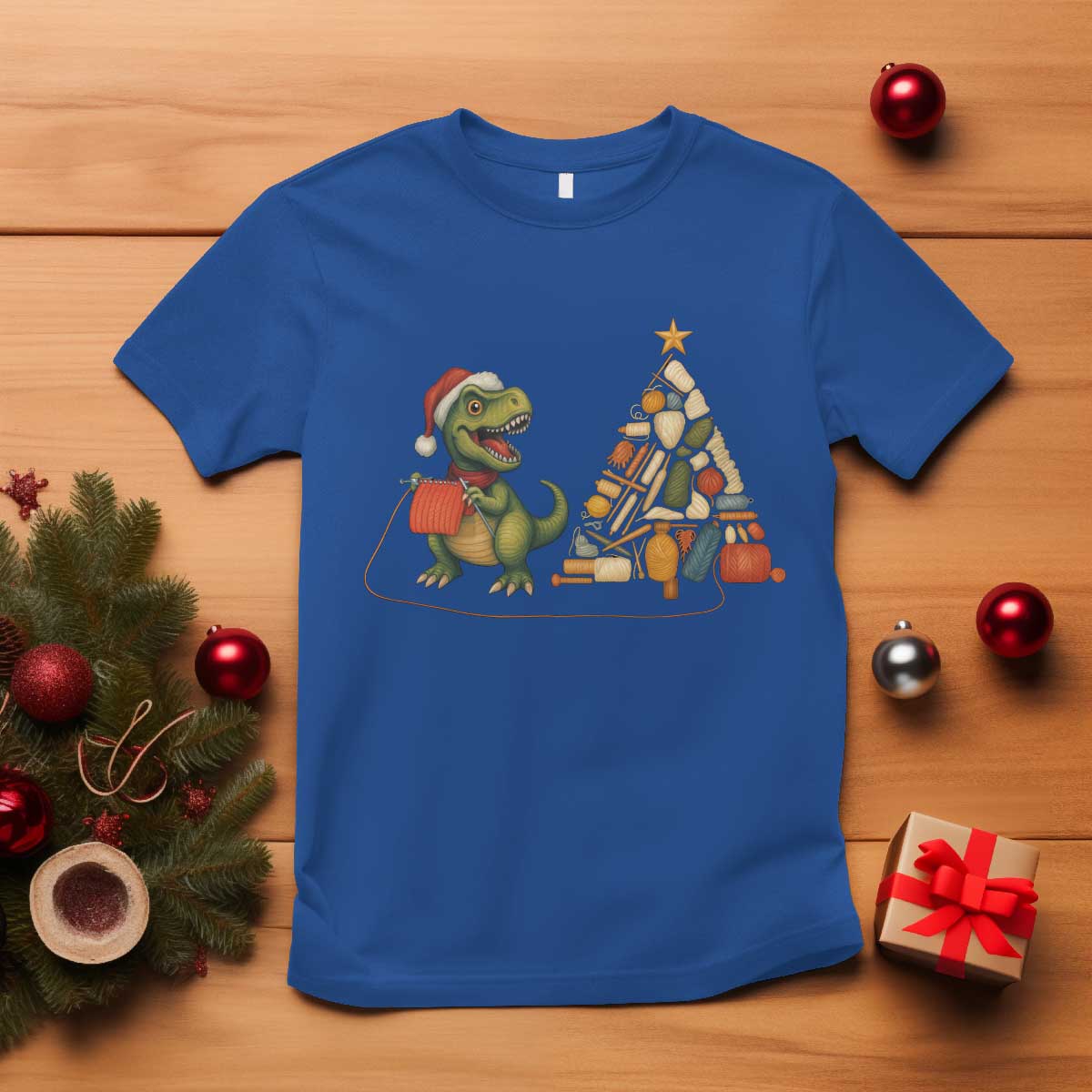 Christmas Dinosaur Knitting T Shirt Funny Yarn Tree Gift TS12 Royal Blue Print Your Wear