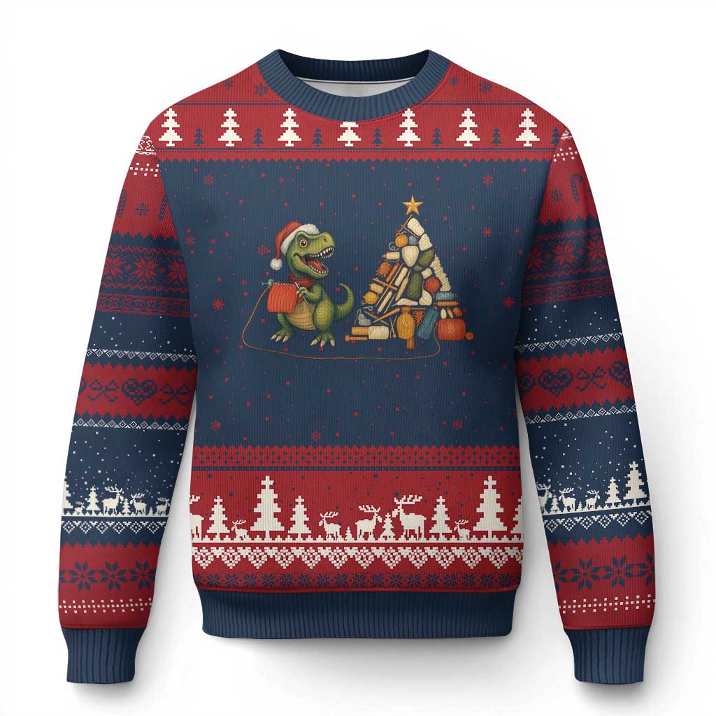Xmas Dinosaur Knitting Ugly Christmas Sweater Funny Yarn Tree Gift TS12 Navy Red Print Your Wear