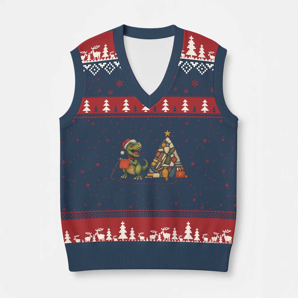 Xmas Dinosaur Knitting V-Neck Knit Sweater Vest Funny Yarn Tree Gift TS12 Navy Red Print Your Wear
