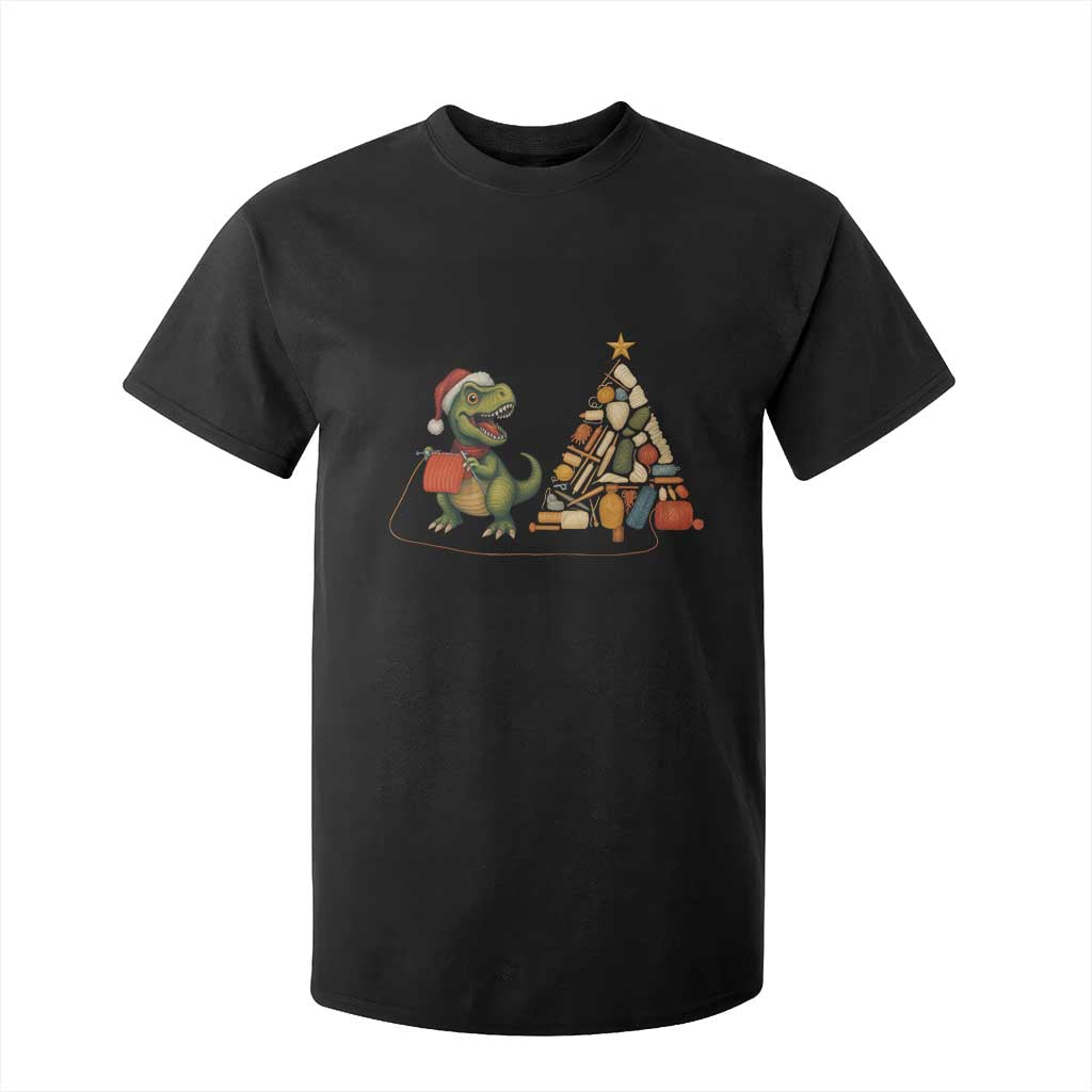 Christmas Dinosaur Knitting T Shirt For Kid Funny Yarn Tree Gift TS12 Black Print Your Wear