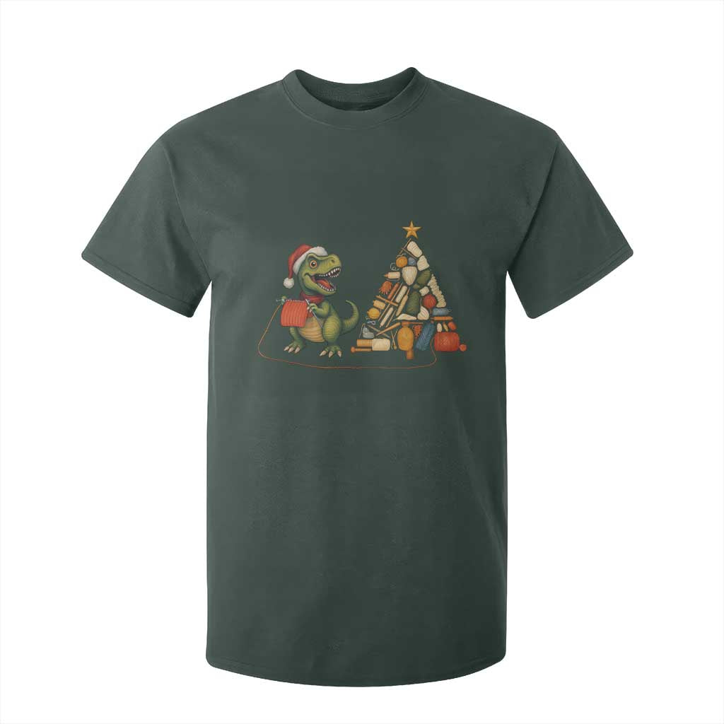 Christmas Dinosaur Knitting T Shirt For Kid Funny Yarn Tree Gift TS12 Dark Forest Green Print Your Wear