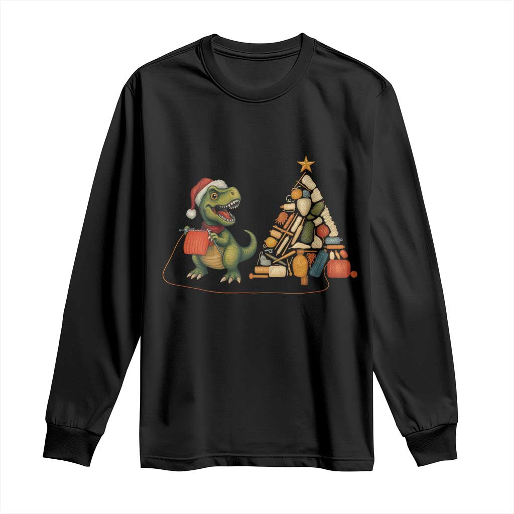 Christmas Dinosaur Knitting Long Sleeve Shirt Funny Yarn Tree Gift TS12 Black Print Your Wear