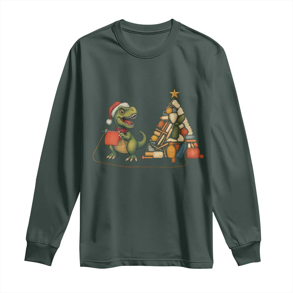 Christmas Dinosaur Knitting Long Sleeve Shirt Funny Yarn Tree Gift TS12 Dark Forest Green Print Your Wear
