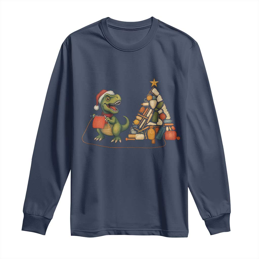 Christmas Dinosaur Knitting Long Sleeve Shirt Funny Yarn Tree Gift TS12 Navy Print Your Wear