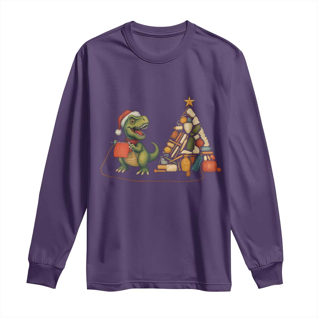 Christmas Dinosaur Knitting Long Sleeve Shirt Funny Yarn Tree Gift TS12 Purple Print Your Wear