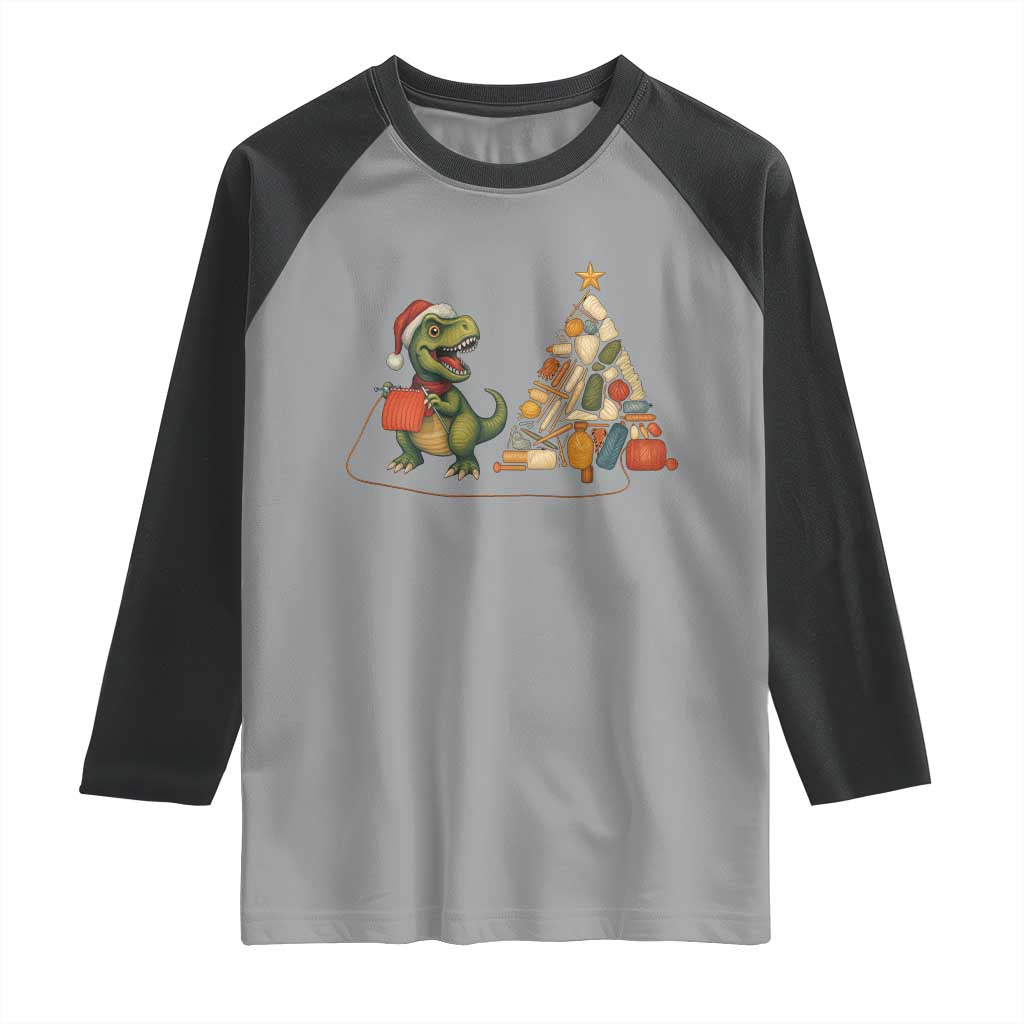 Christmas Dinosaur Knitting Raglan Shirt Funny Yarn Tree Gift TS12 Sport Gray Black Print Your Wear