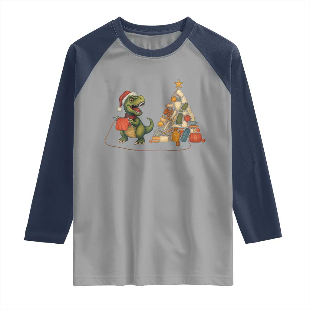Christmas Dinosaur Knitting Raglan Shirt Funny Yarn Tree Gift TS12 Sport Gray Navy Print Your Wear