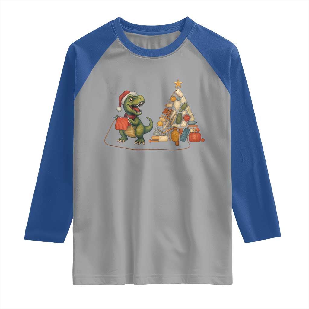 Christmas Dinosaur Knitting Raglan Shirt Funny Yarn Tree Gift TS12 Sport Gray Royal Print Your Wear