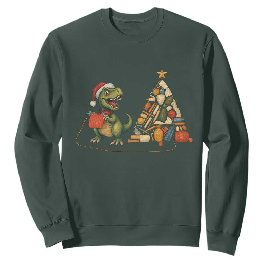 Christmas Dinosaur Knitting Sweatshirt Funny Yarn Tree Gift TS12 Dark Forest Green Print Your Wear