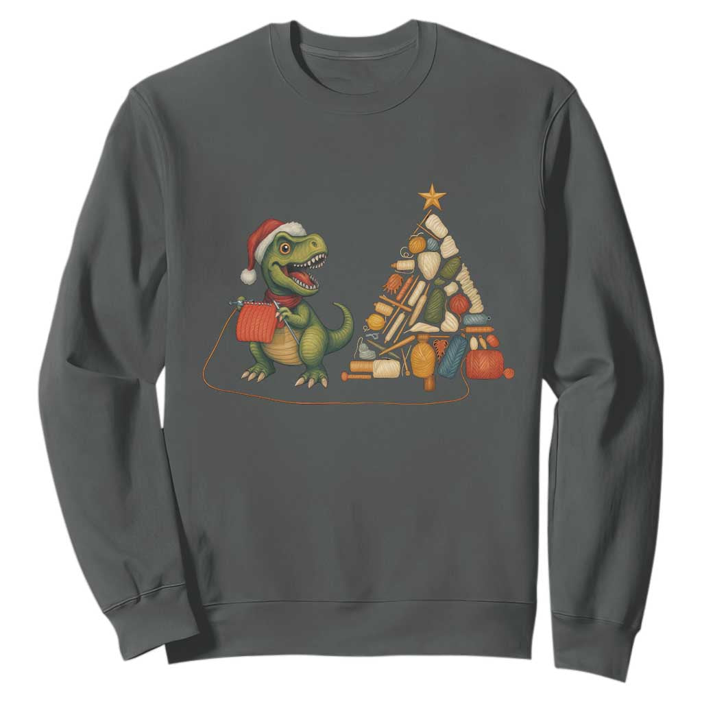 Christmas Dinosaur Knitting Sweatshirt Funny Yarn Tree Gift TS12 Dark Heather Print Your Wear