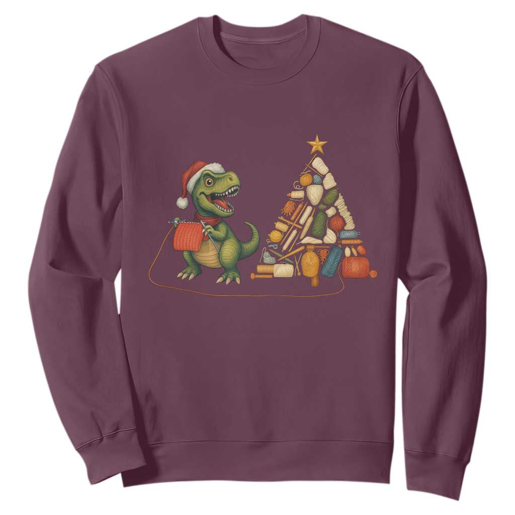 Christmas Dinosaur Knitting Sweatshirt Funny Yarn Tree Gift TS12 Maroon Print Your Wear