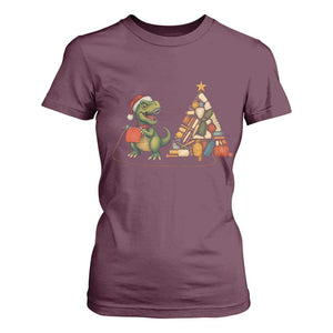 Christmas Dinosaur Knitting T Shirt For Women Funny Yarn Tree Gift TS12 Maroon Print Your Wear