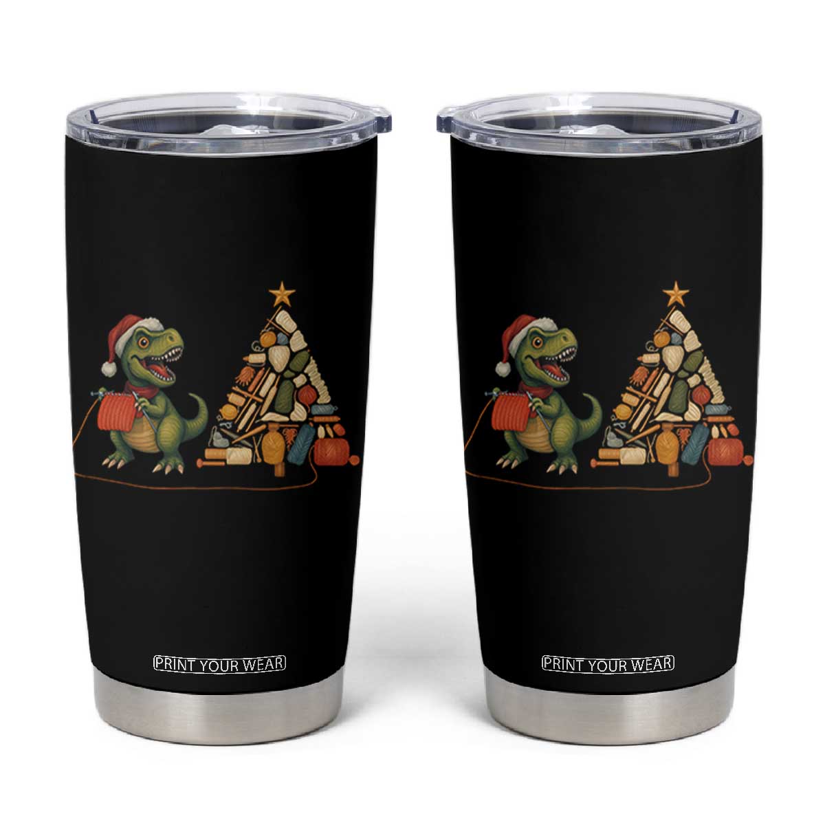 Christmas Dinosaur Knitting Tumbler Cup Funny Yarn Tree Gift TS12 Black Print Your Wear