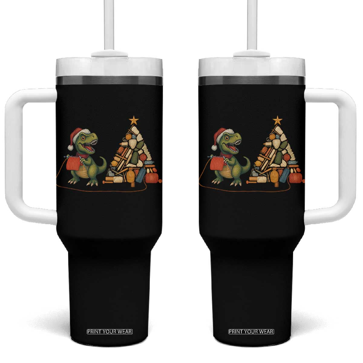 Christmas Dinosaur Knitting Tumbler With Handle Funny Yarn Tree Gift TS12 One Size: 40 oz Black Print Your Wear