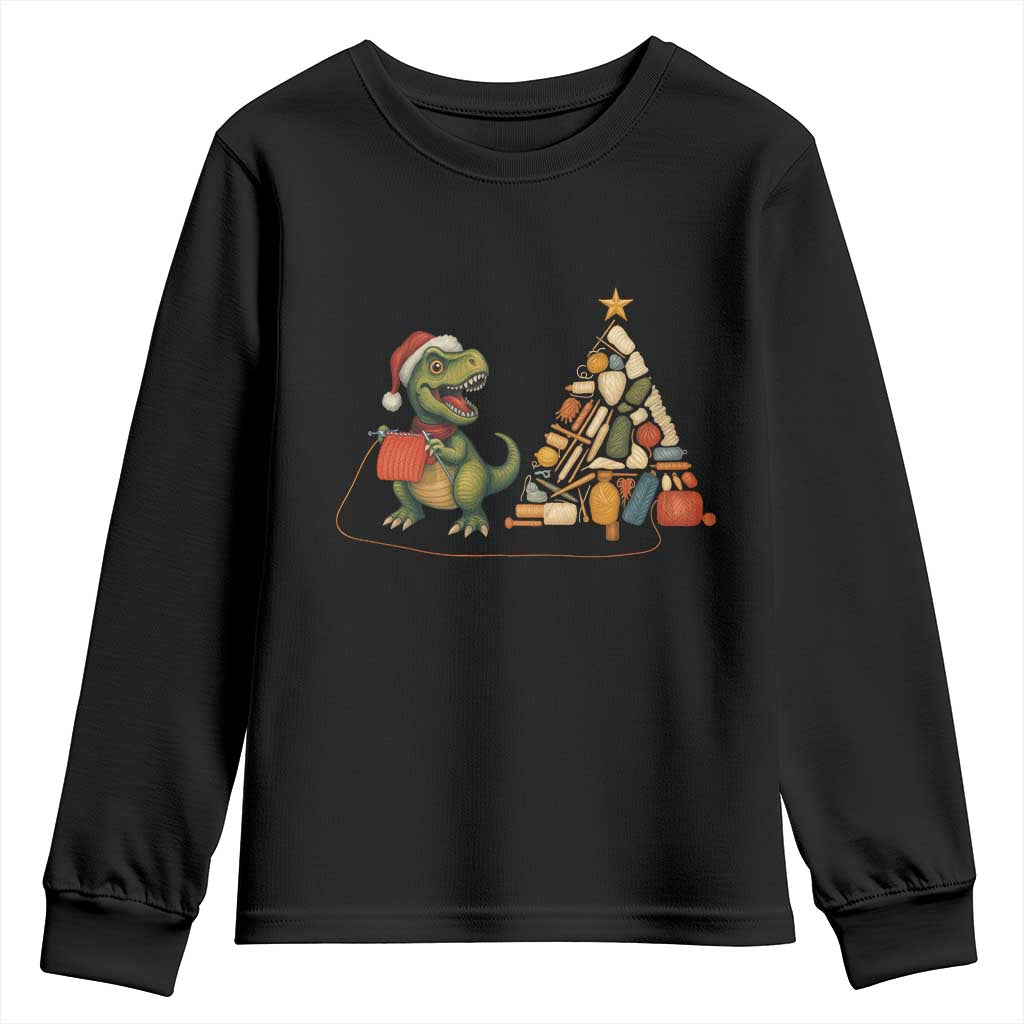 Christmas Dinosaur Knitting Youth Sweatshirt Funny Yarn Tree Gift TS12 Black Print Your Wear