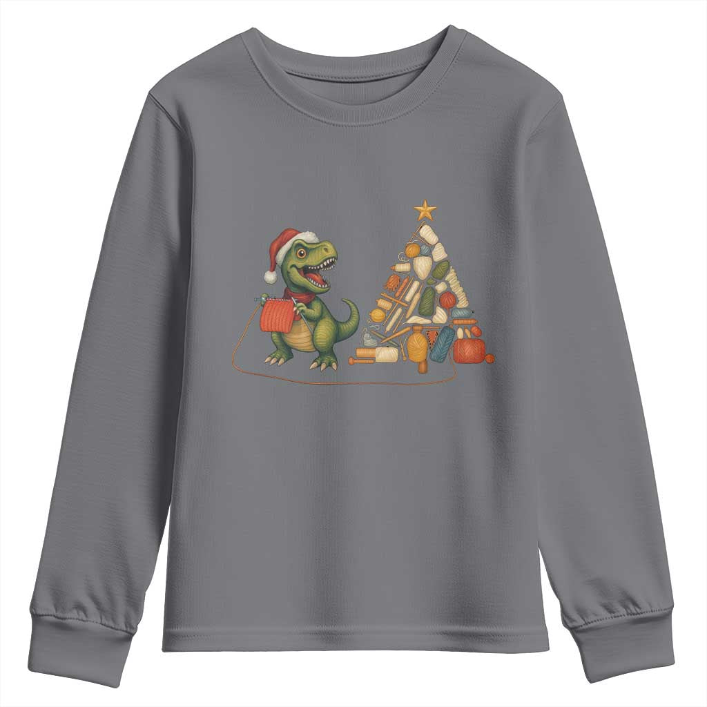 Christmas Dinosaur Knitting Youth Sweatshirt Funny Yarn Tree Gift TS12 Charcoal Print Your Wear