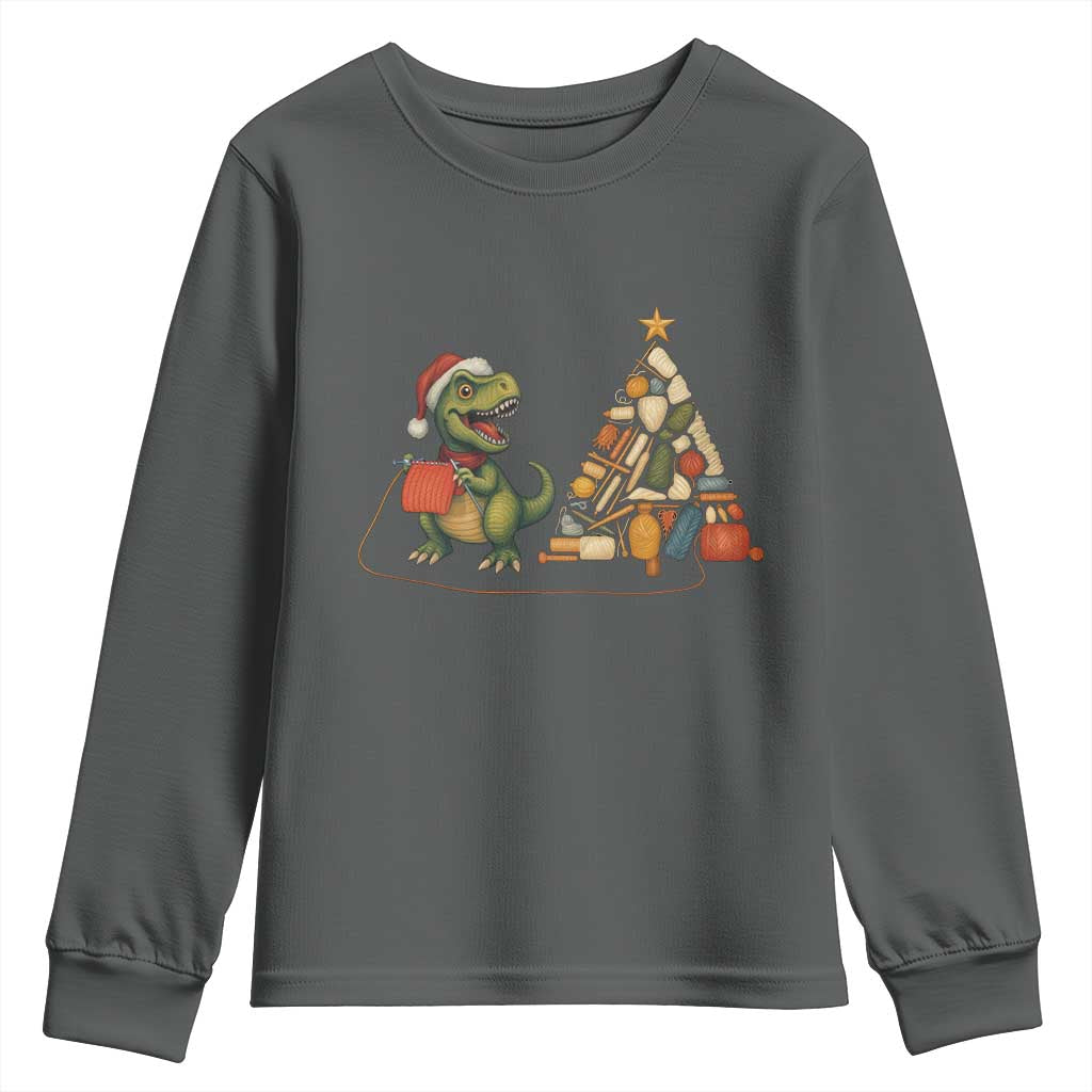 Christmas Dinosaur Knitting Youth Sweatshirt Funny Yarn Tree Gift TS12 Dark Heather Print Your Wear