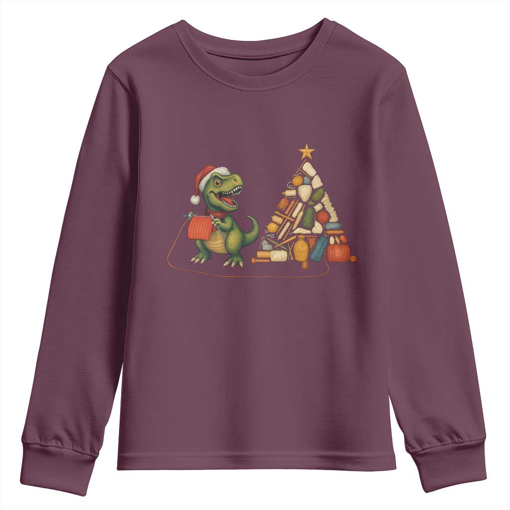 Christmas Dinosaur Knitting Youth Sweatshirt Funny Yarn Tree Gift TS12 Maroon Print Your Wear