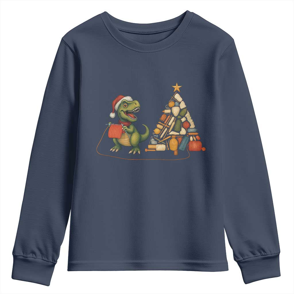 Christmas Dinosaur Knitting Youth Sweatshirt Funny Yarn Tree Gift TS12 Navy Print Your Wear