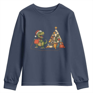 Christmas Dinosaur Knitting Youth Sweatshirt Funny Yarn Tree Gift TS12 Navy Print Your Wear