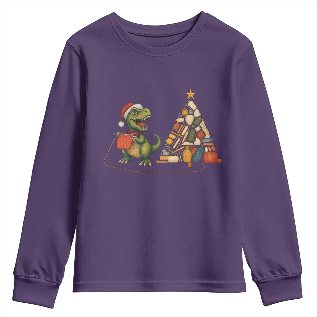 Christmas Dinosaur Knitting Youth Sweatshirt Funny Yarn Tree Gift TS12 Purple Print Your Wear