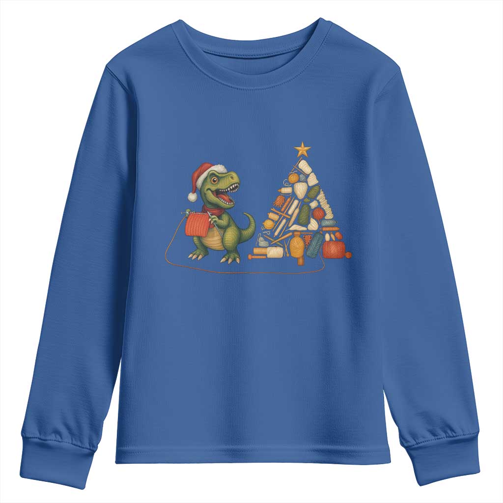 Christmas Dinosaur Knitting Youth Sweatshirt Funny Yarn Tree Gift TS12 Royal Blue Print Your Wear