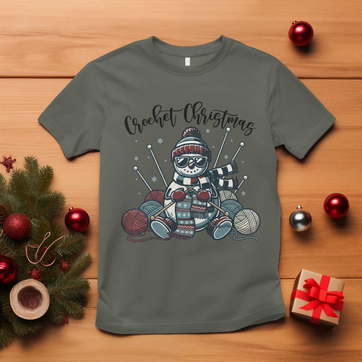 Crochet Christmas T Shirt Funny Snowman Crocheting Gift TS12 Military Green Print Your Wear